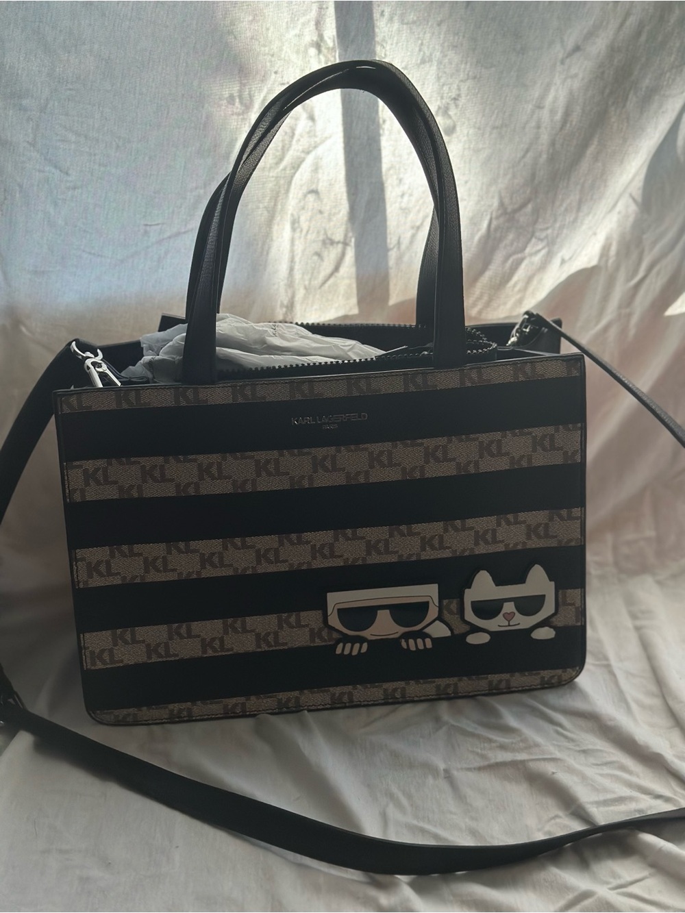 Karl Lagerfeld Black & Beige KL Logo Stripe Satchel with Character Patch